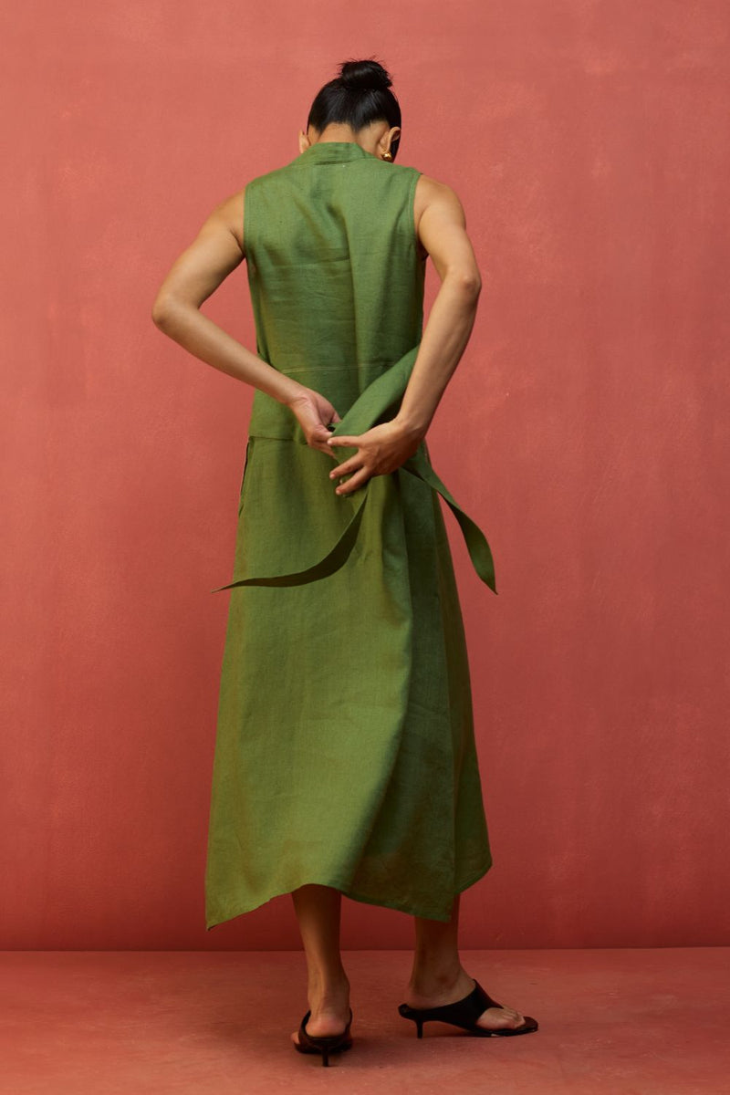 Tako Sleeveless Linen Knot Dress - Fern Green linen by Manan in green color for women in Singapore