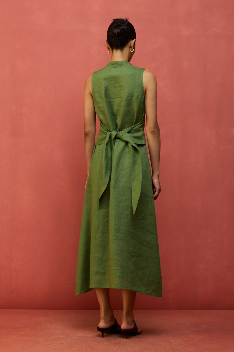 Tako Sleeveless Linen Knot Dress - Fern Green linen by Manan in green color for women in Singapore