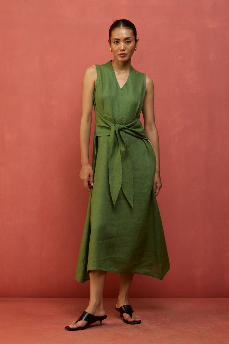 Tako Sleeveless Linen Knot Dress - Fern Green linen by Manan in green color for women in Singapore