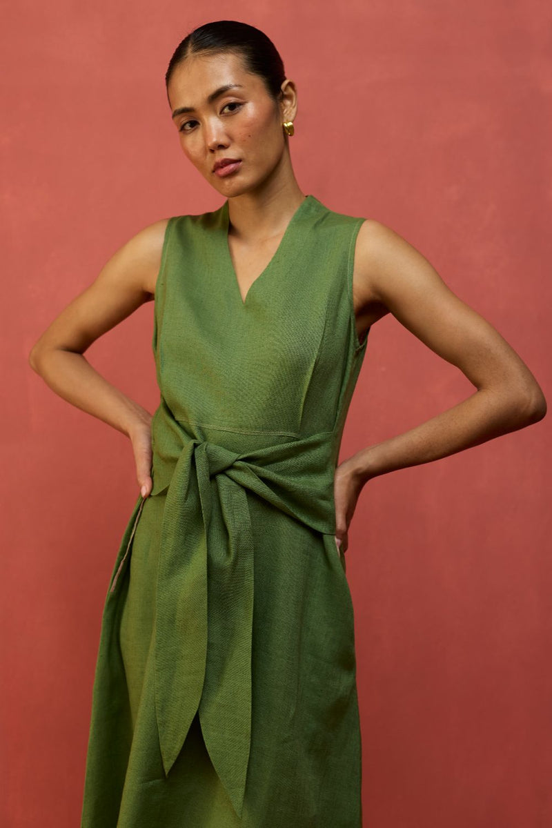 Tako Sleeveless Linen Knot Dress - Fern Green linen by Manan in green color for women in Singapore