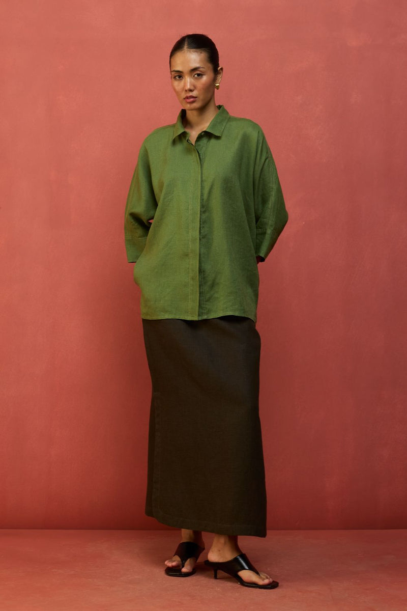 Yoko Forever Linen Shirt - Fern Green by Manan for in Singapore