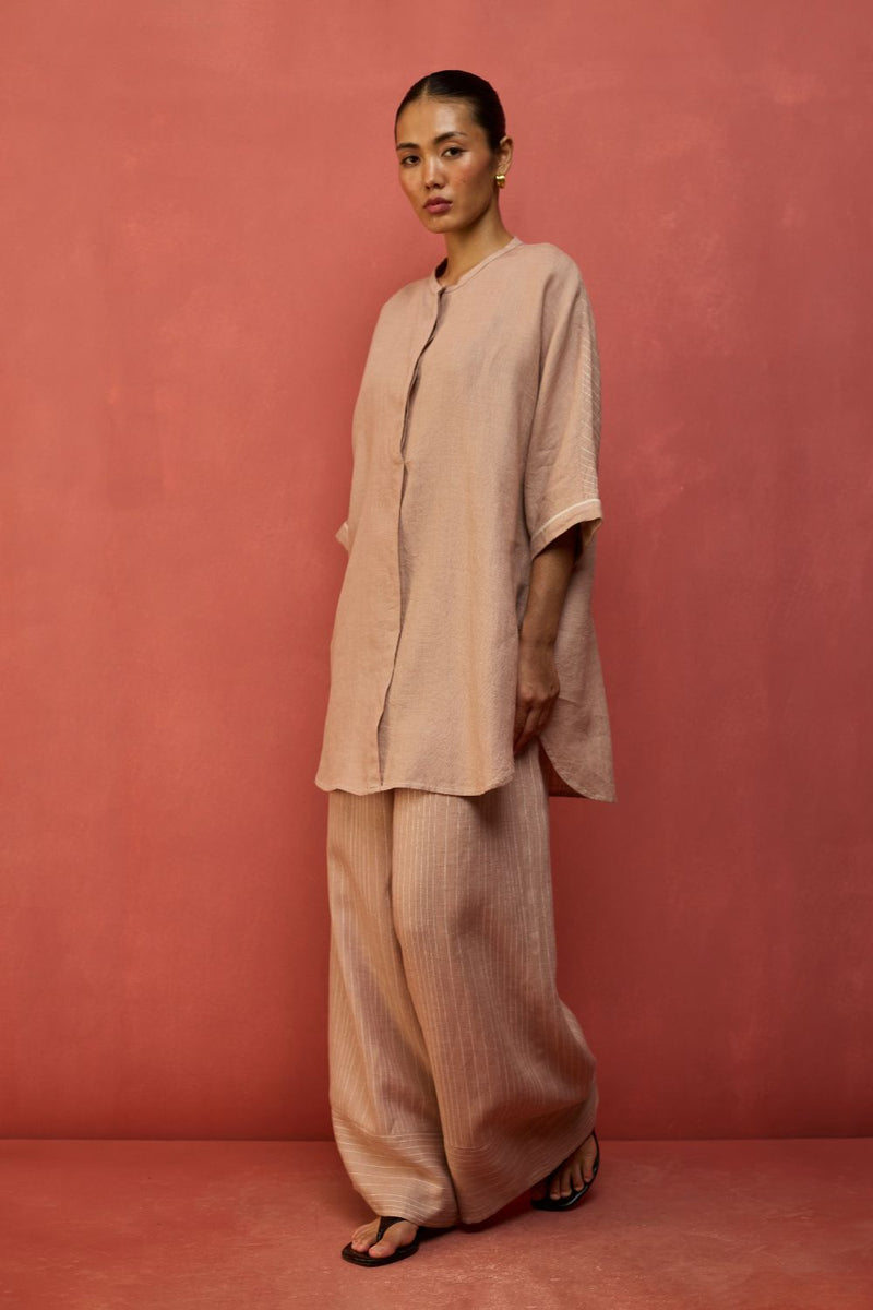 Sumire Curved Hem Linen Top - Dusty Rose linen by Manan in blush color for women in Singapore