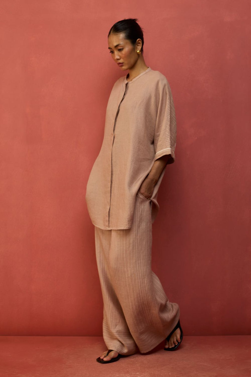 Sumire Curved Hem Linen Top - Dusty Rose linen by Manan in blush color for women in Singapore