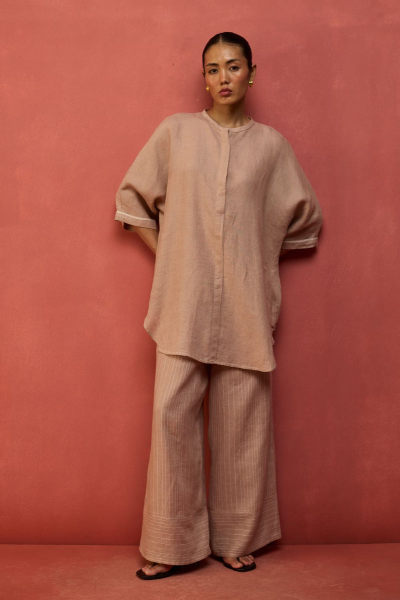 Sumire Curved Hem Linen Top - Dusty Rose linen by Manan in blush color for women in Singapore