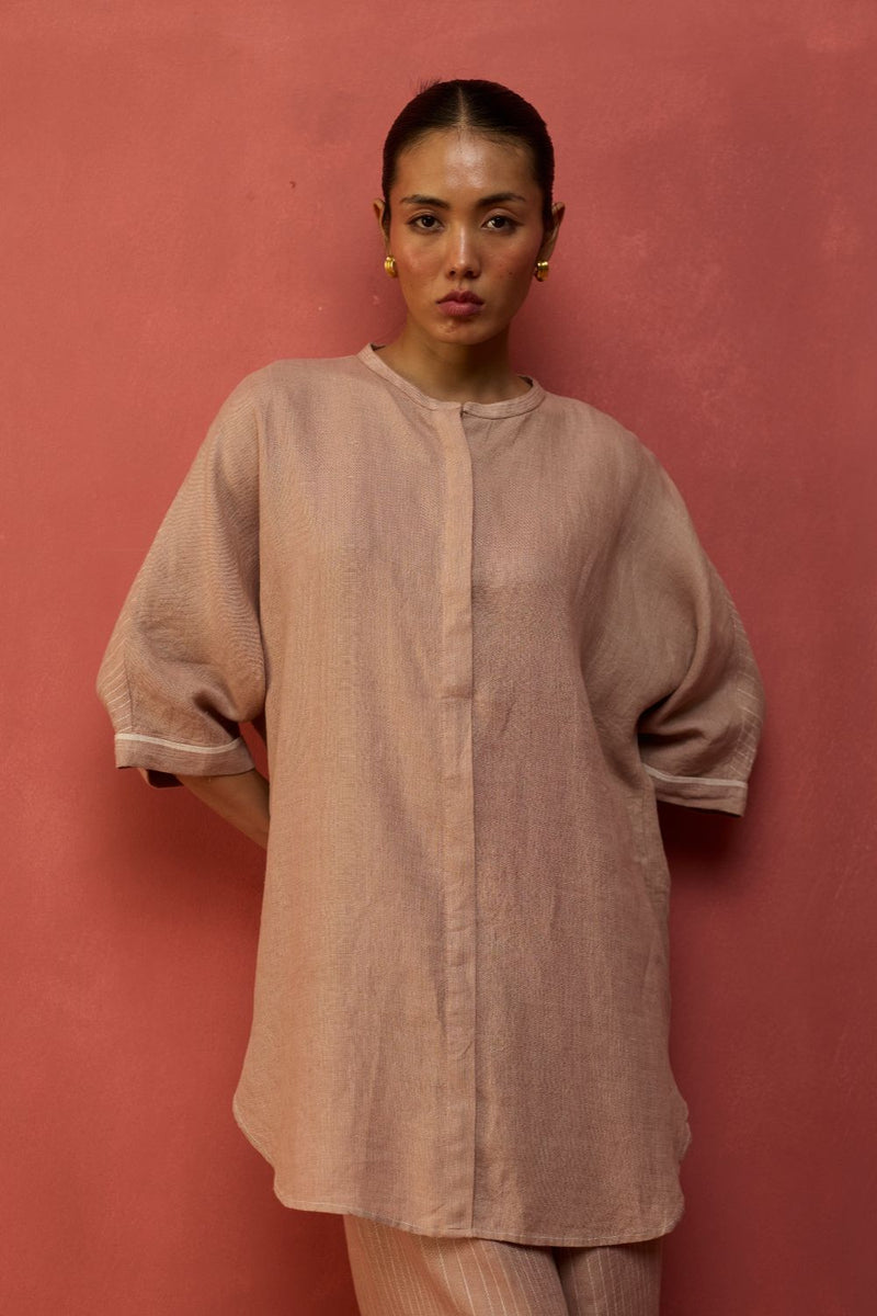 Sumire Curved Hem Linen Top - Dusty Rose linen by Manan in blush color for women in Singapore