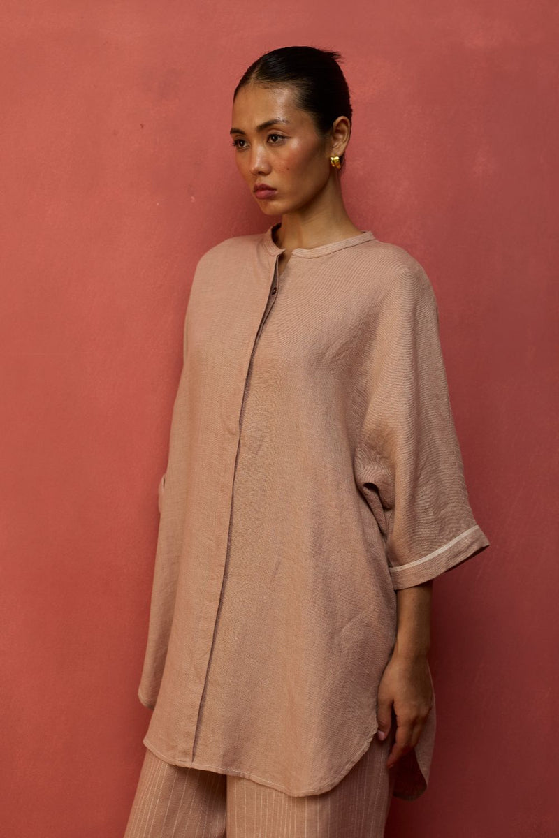 Sumire Curved Hem Linen Top - Dusty Rose linen by Manan in blush color for women in Singapore