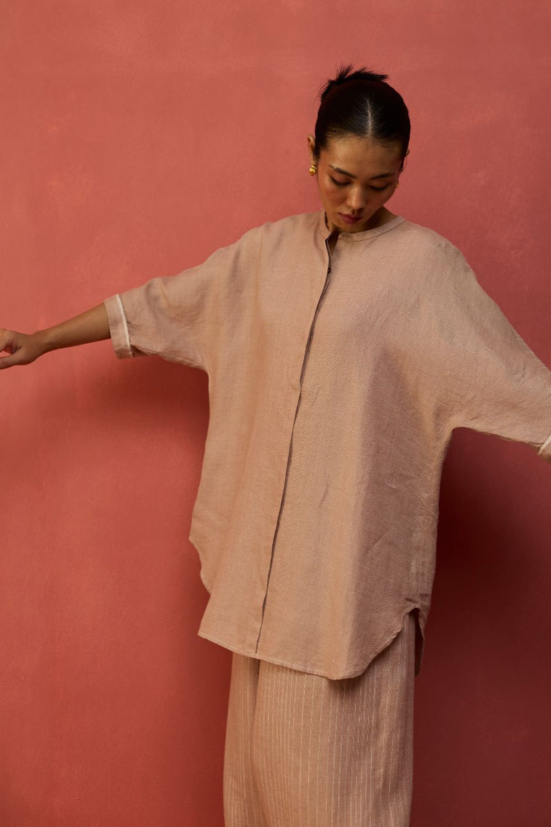 Sumire Curved Hem Linen Top - Dusty Rose linen by Manan in blush color for women in Singapore