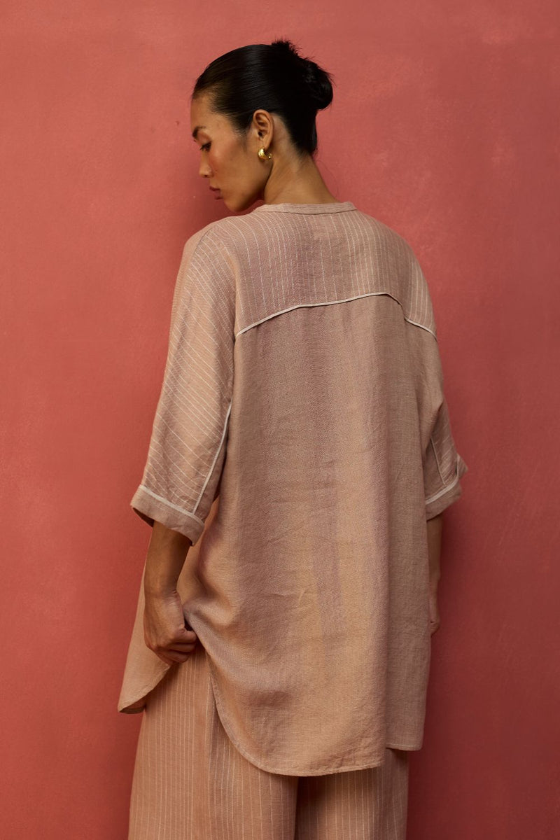 Sumire Curved Hem Linen Top - Dusty Rose linen by Manan in blush color for women in Singapore