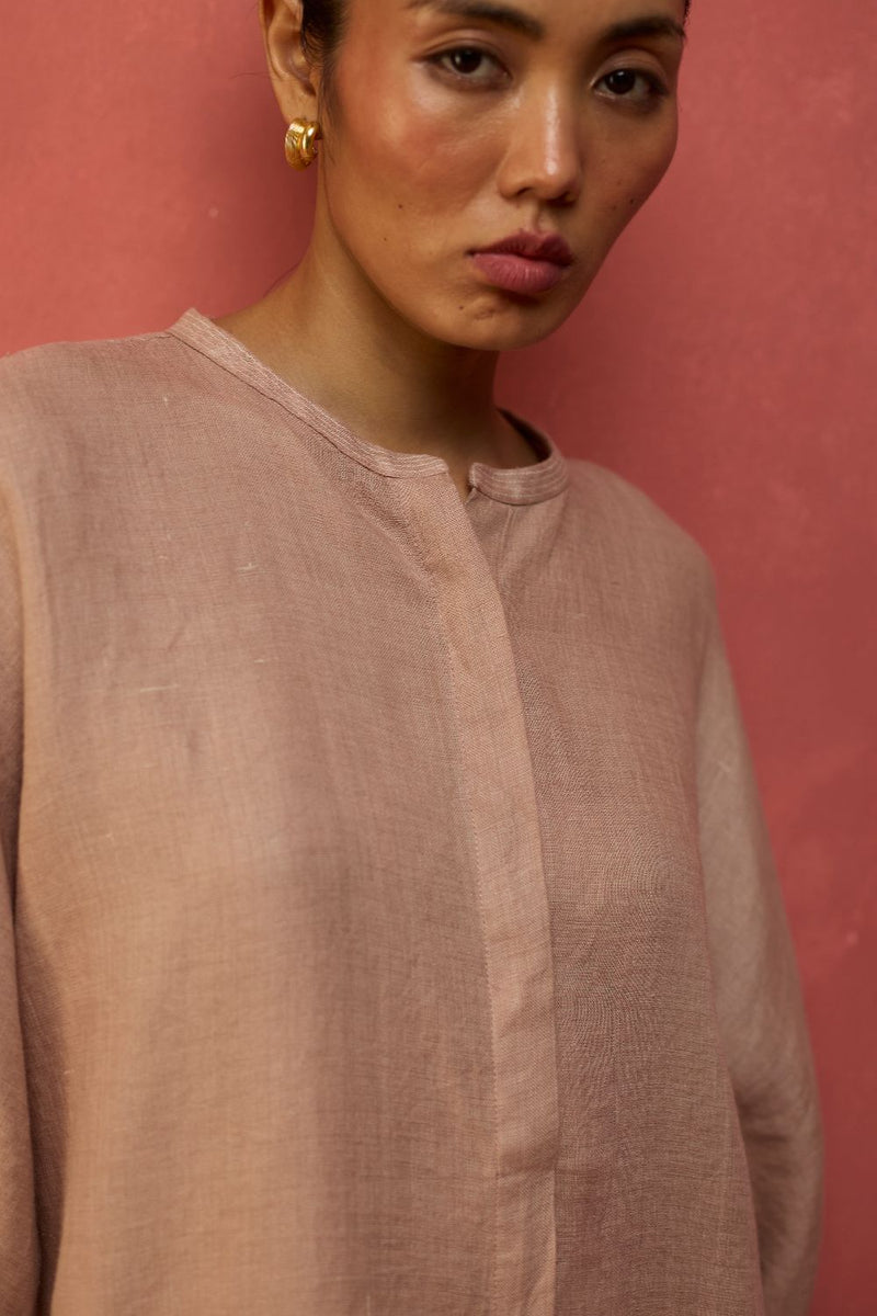 Sumire Curved Hem Linen Top - Dusty Rose linen by Manan in blush color for women in Singapore