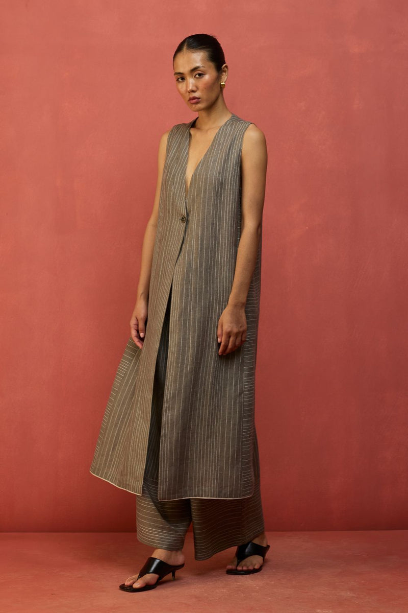 Misato Strip Linen Overlay - Grey by Manan for in Singapore