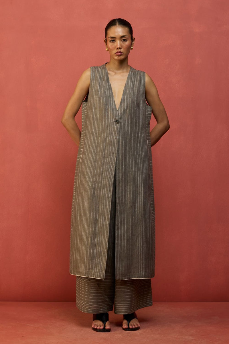 Misato Strip Linen Overlay - Grey by Manan for in Singapore