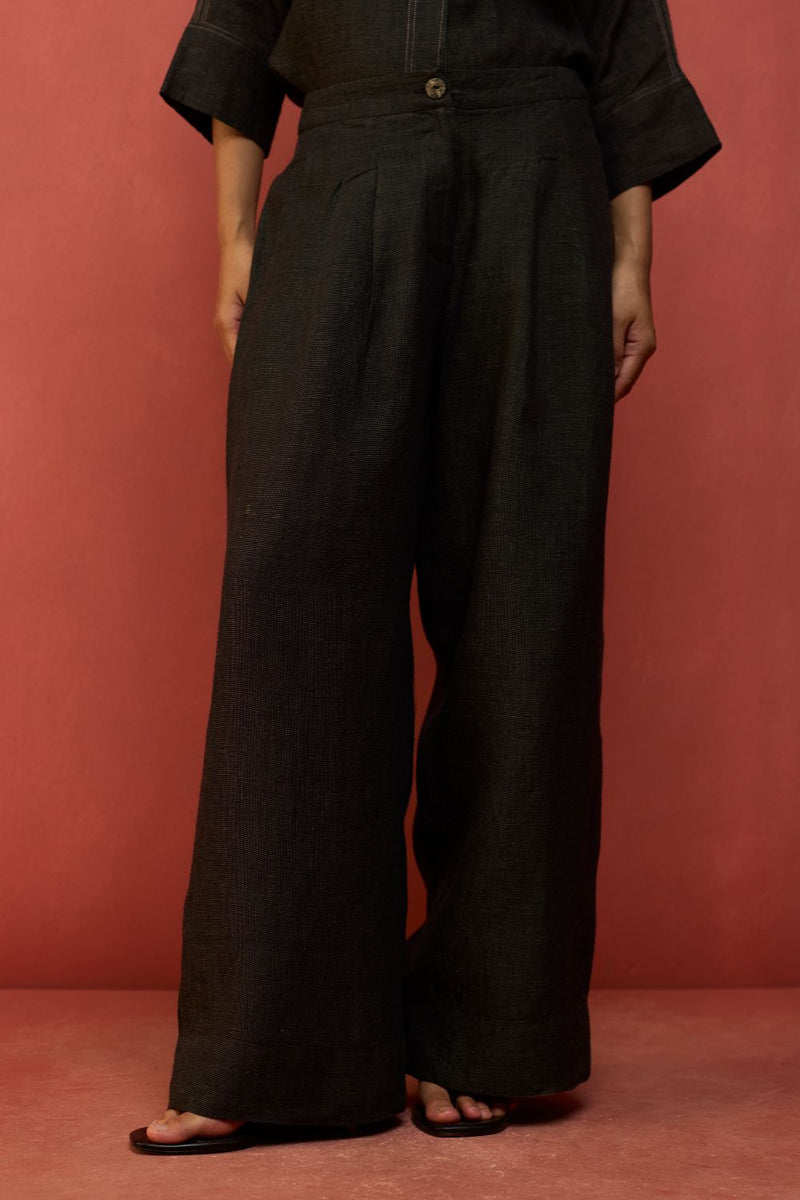 Mekko Pleated Linen Trousers - Charcoal by Manan for in Singapore