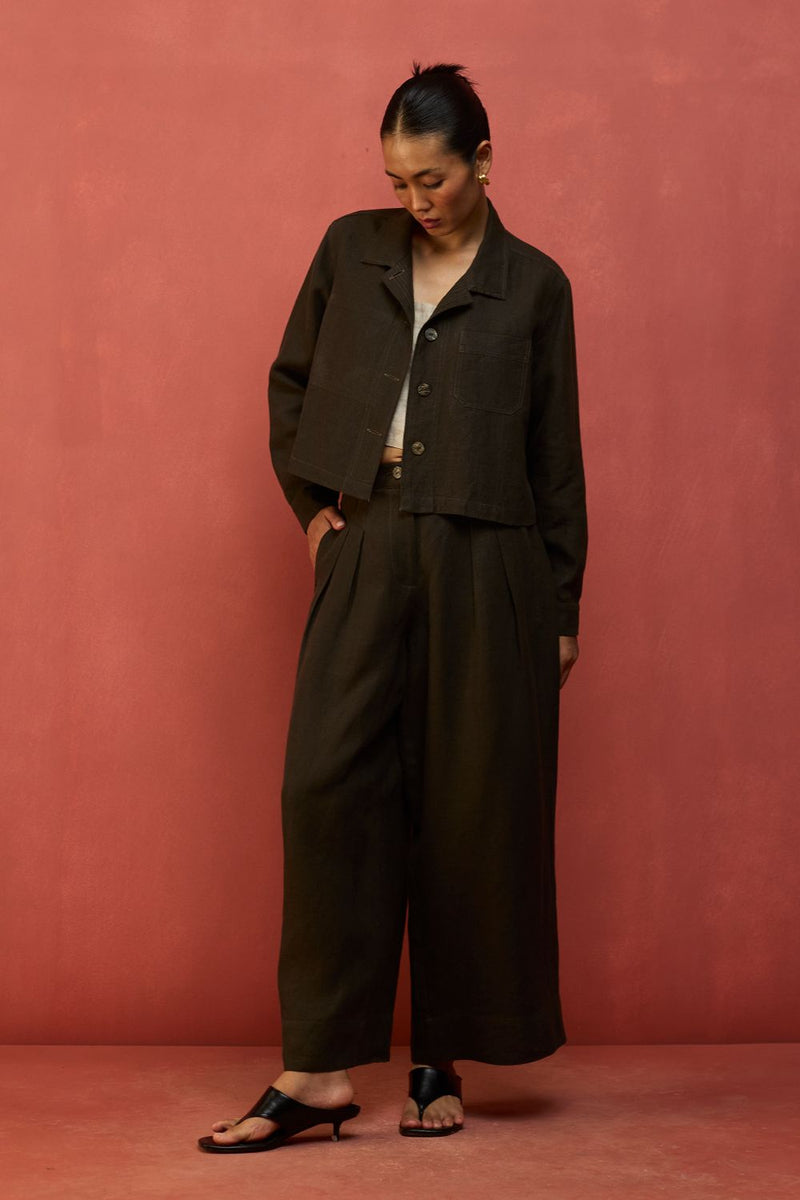 Mekko Pleated Linen Trousers - Charcoal by Manan for in Singapore