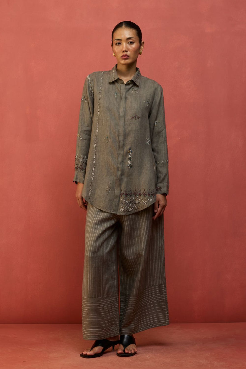 Kira Hand-Embroidered Linen Shirt - Grey by Manan for in Singapore