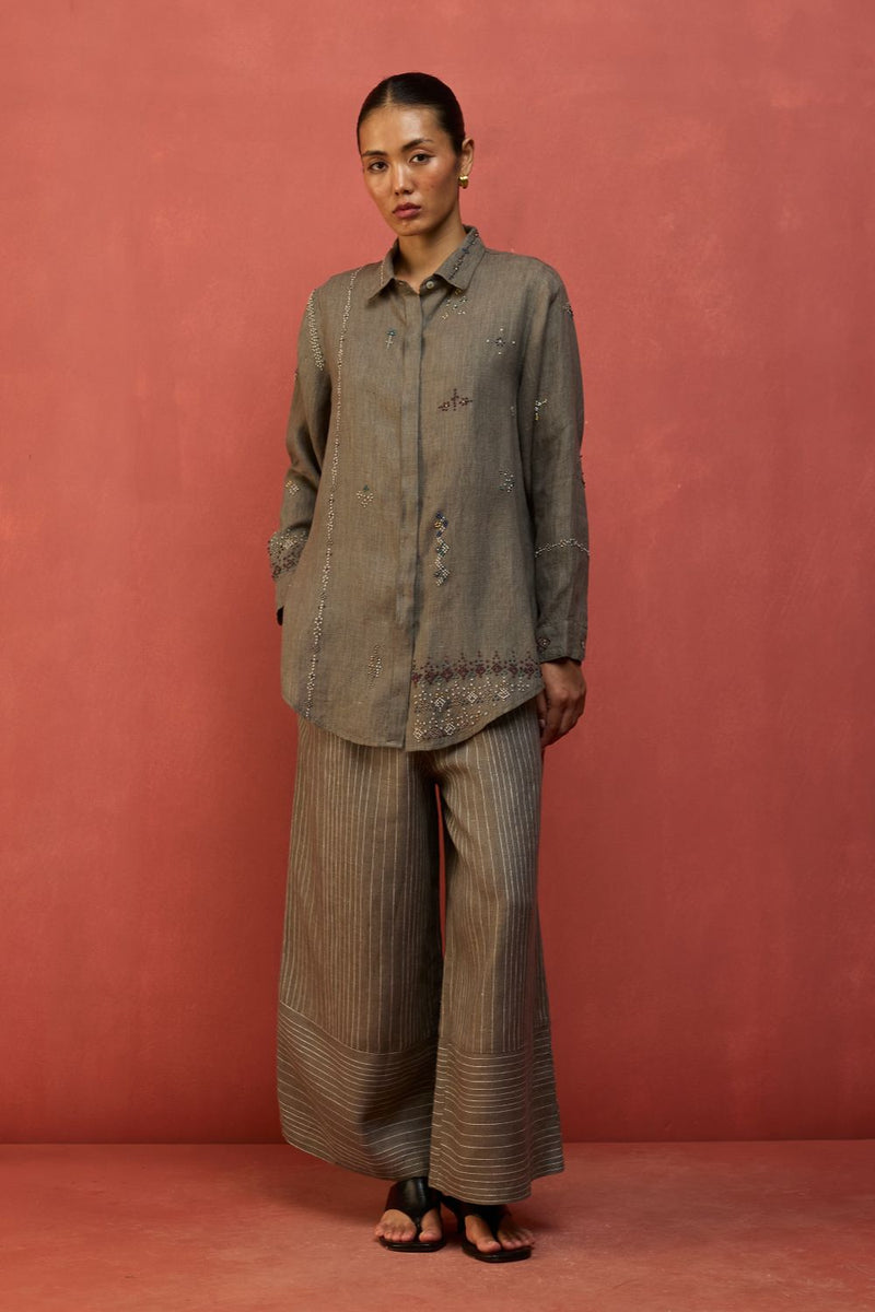 Kira Hand-Embroidered Linen Shirt - Grey by Manan for in Singapore