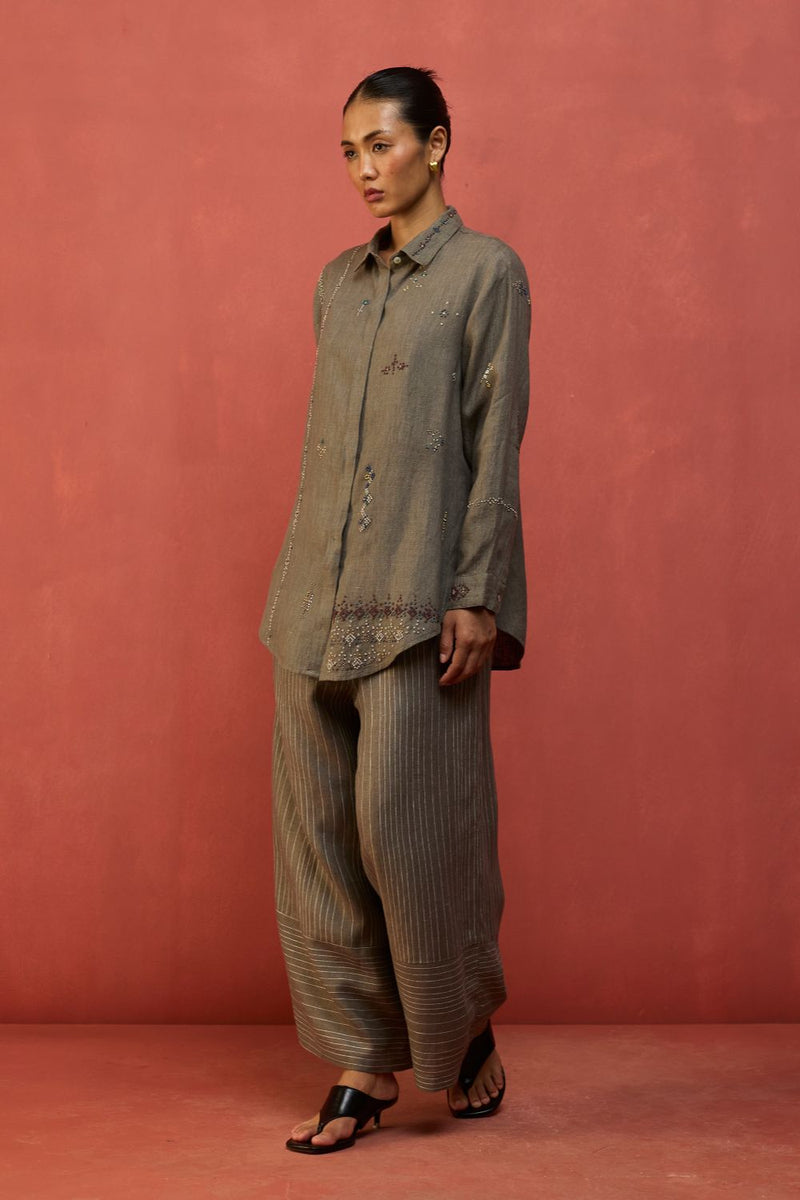 Kira Hand-Embroidered Linen Shirt - Grey by Manan for in Singapore