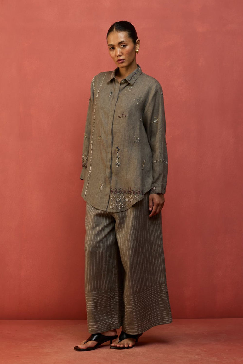 Kira Hand-Embroidered Linen Shirt - Grey by Manan for in Singapore