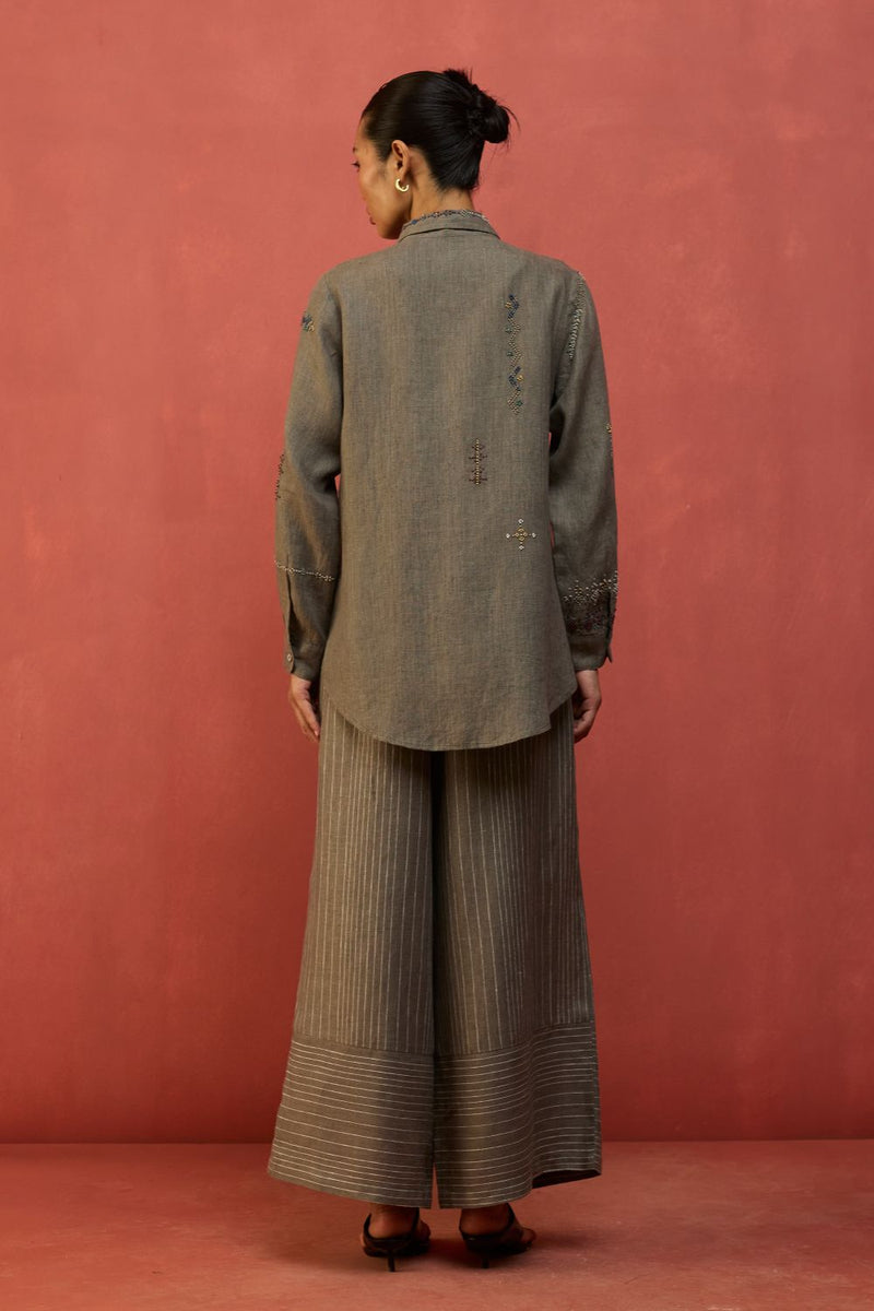 Kira Hand-Embroidered Linen Shirt - Grey by Manan for in Singapore