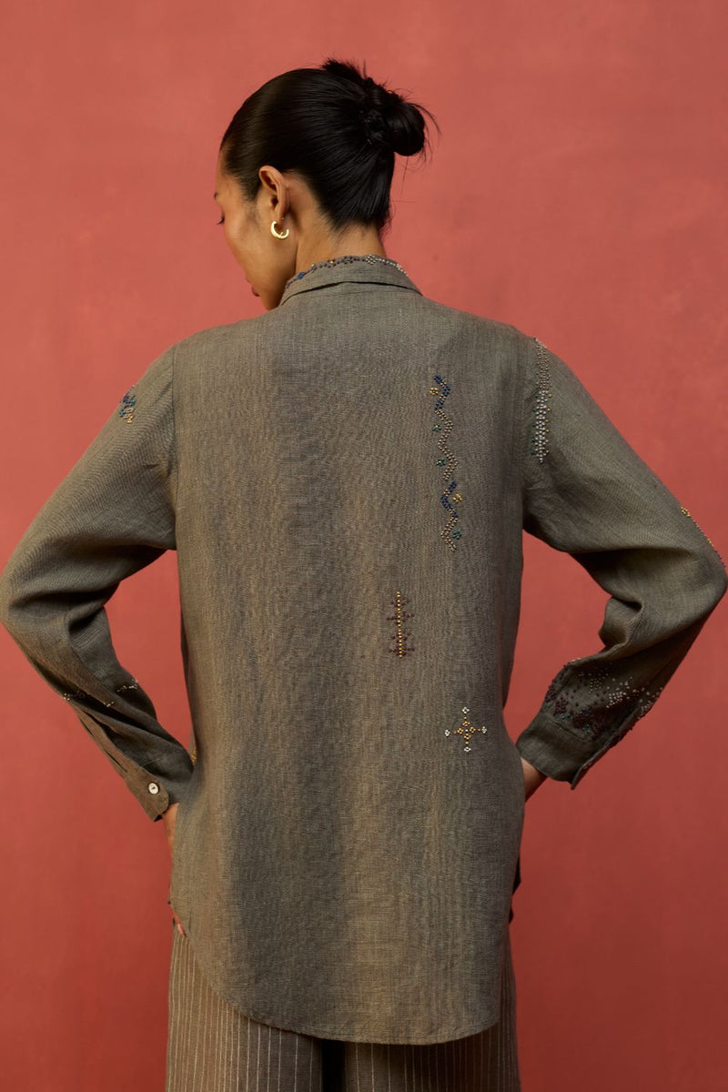 Kira Hand-Embroidered Linen Shirt - Grey by Manan for in Singapore