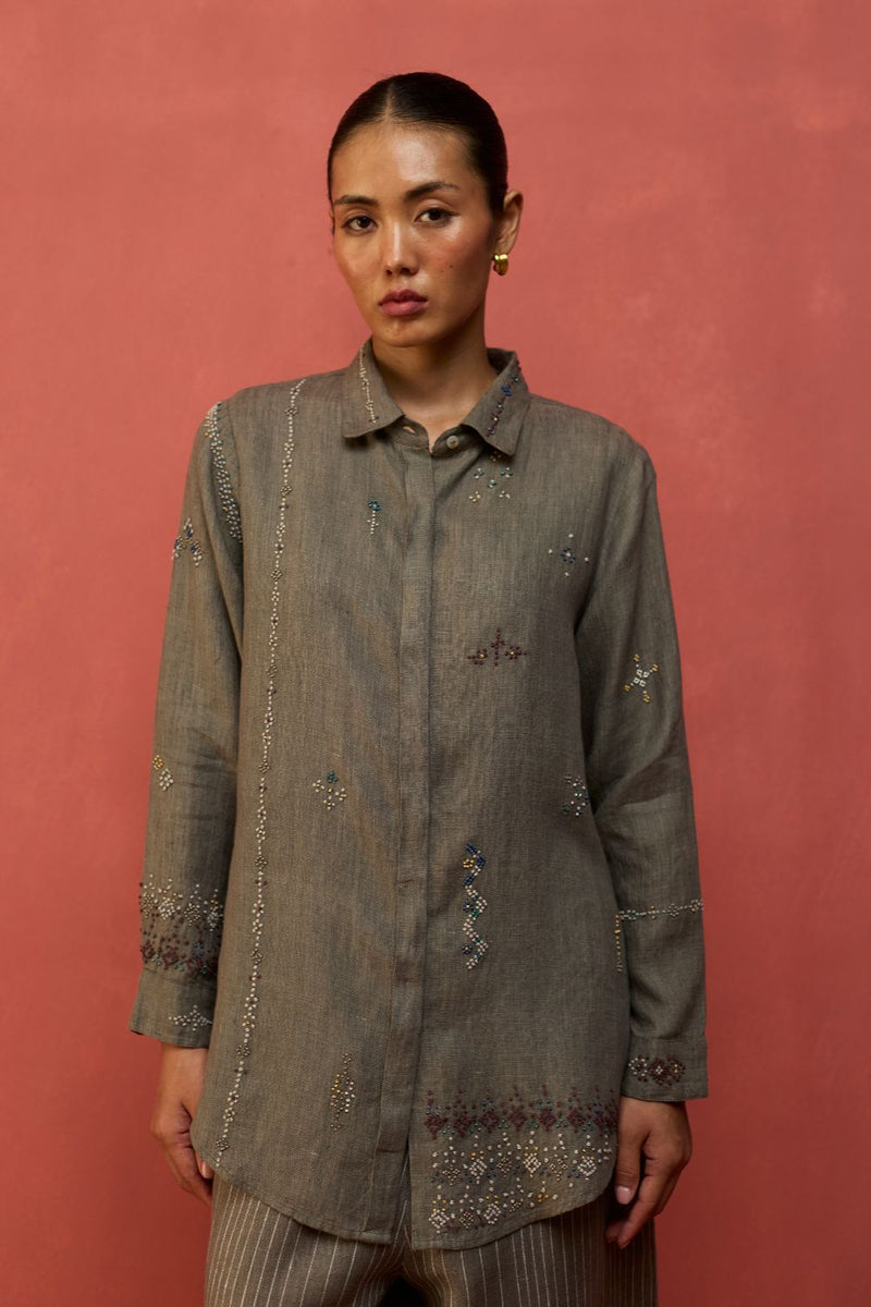 Kira Hand-Embroidered Linen Shirt - Grey by Manan for in Singapore