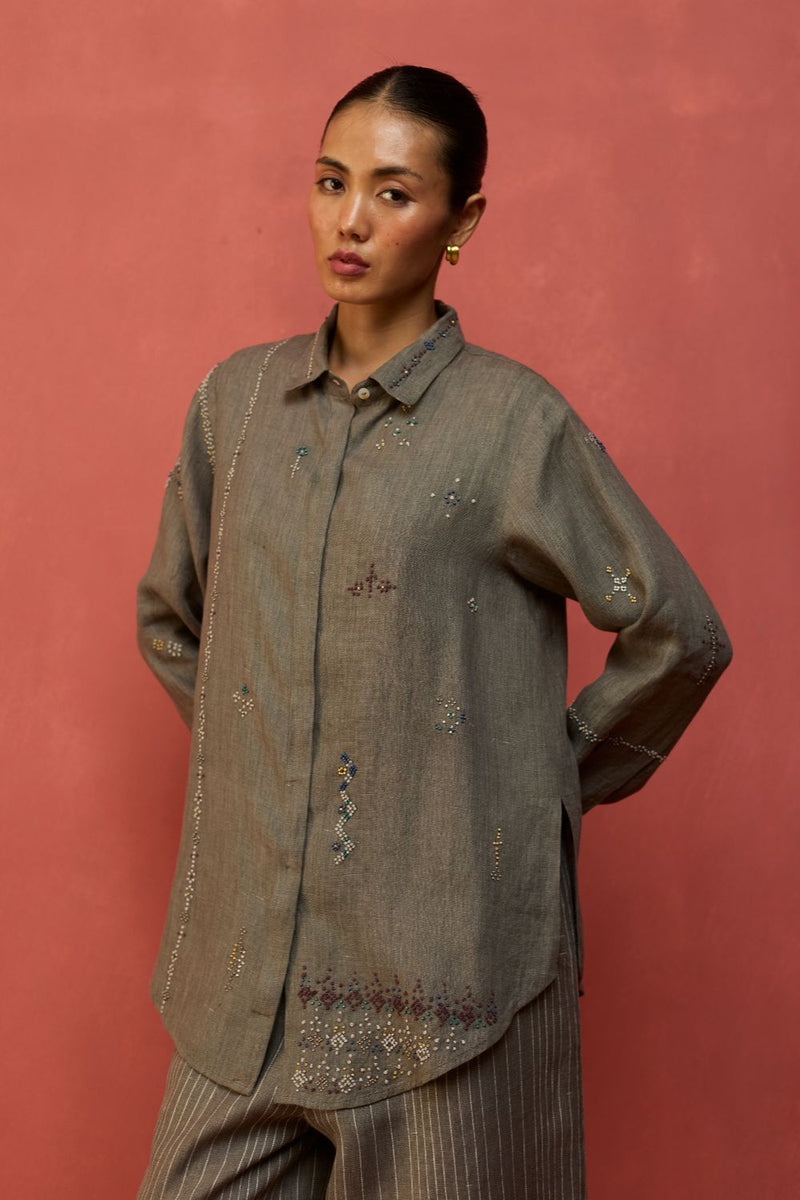 Kira Hand-Embroidered Linen Shirt - Grey by Manan for in Singapore