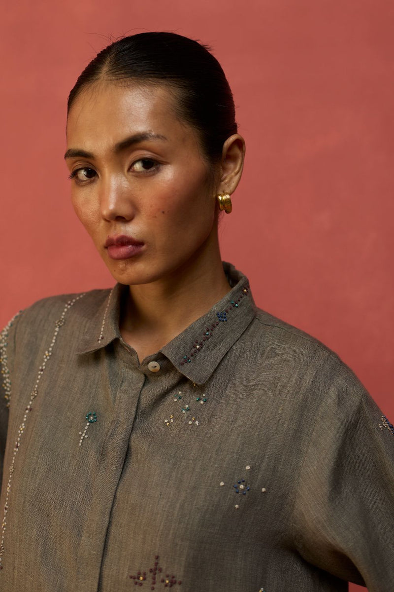 Kira Hand-Embroidered Linen Shirt - Grey by Manan for in Singapore