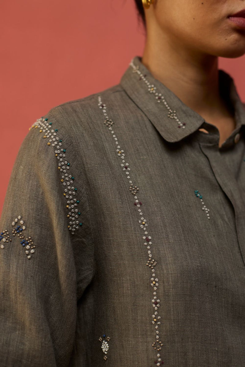 Kira Hand-Embroidered Linen Shirt - Grey by Manan for in Singapore