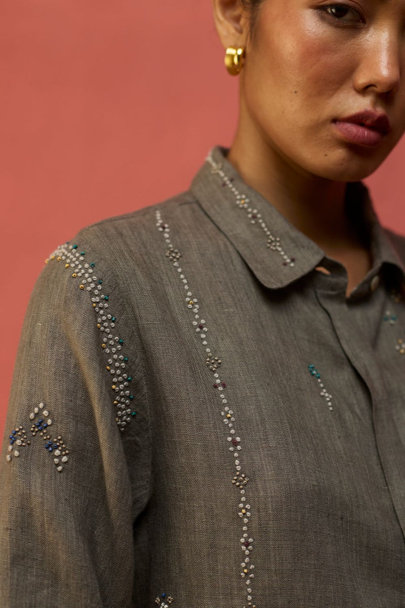 Kira Hand-Embroidered Linen Shirt - Grey by Manan for in Singapore