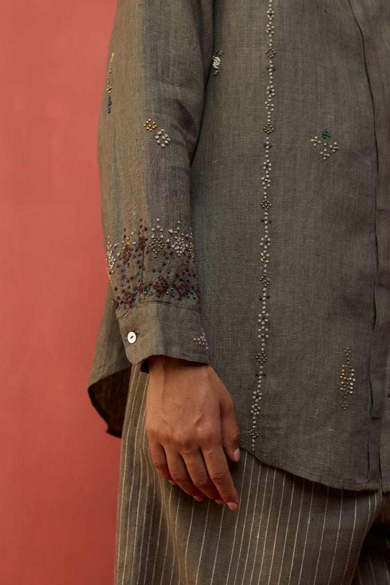 Kira Hand-Embroidered Linen Shirt - Grey by Manan for in Singapore