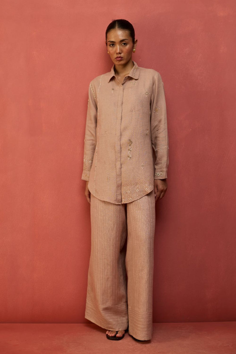 Kira Hand-Embroidered Linen Shirt - Dusty Rose by Manan for in Singapore