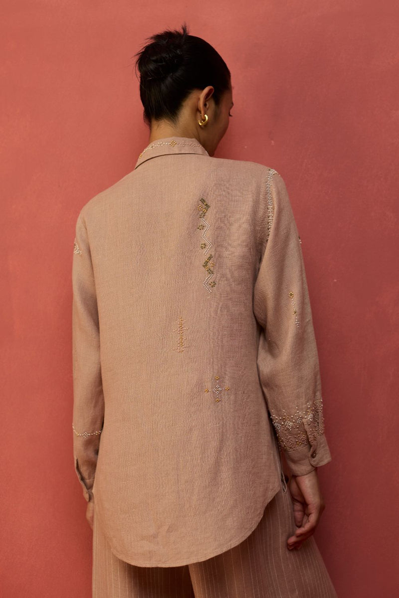 Kira Hand-Embroidered Linen Shirt - Dusty Rose by Manan for in Singapore