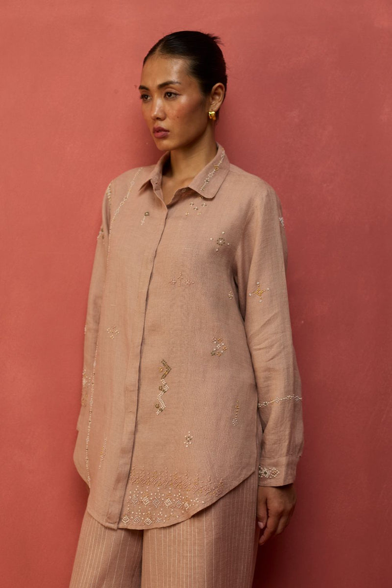 Kira Hand-Embroidered Linen Shirt - Dusty Rose by Manan for in Singapore
