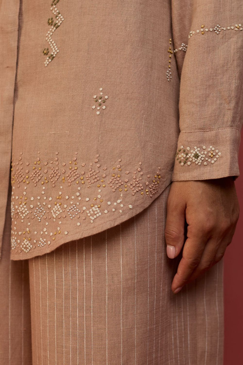 Kira Hand-Embroidered Linen Shirt - Dusty Rose by Manan for in Singapore
