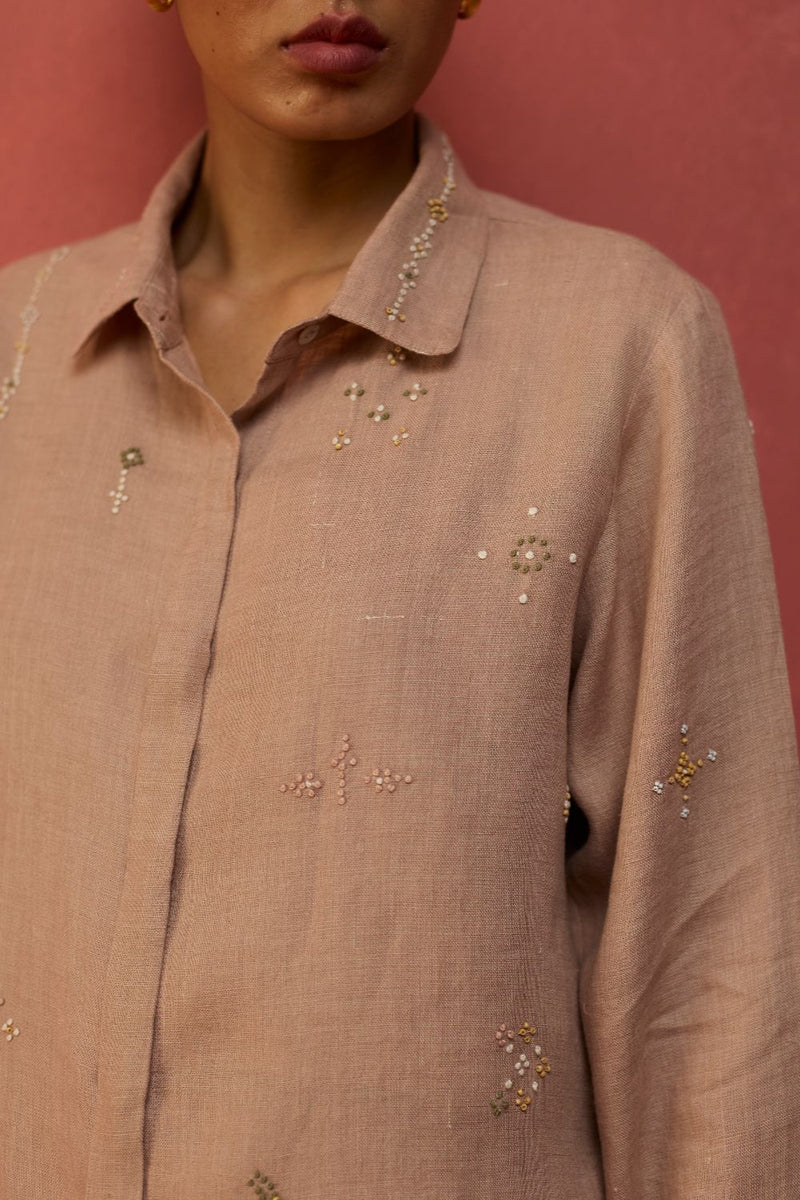 Kira Hand-Embroidered Linen Shirt - Dusty Rose by Manan for in Singapore