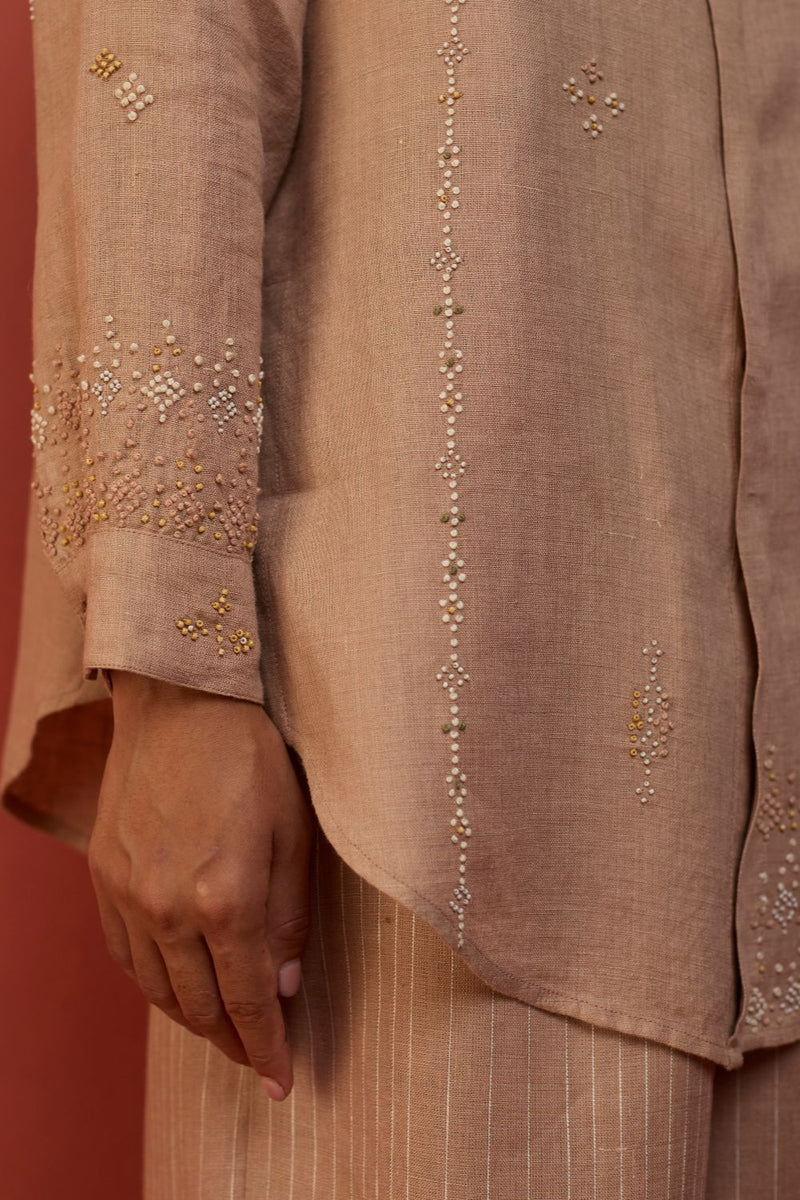 Kira Hand-Embroidered Linen Shirt - Dusty Rose by Manan for in Singapore