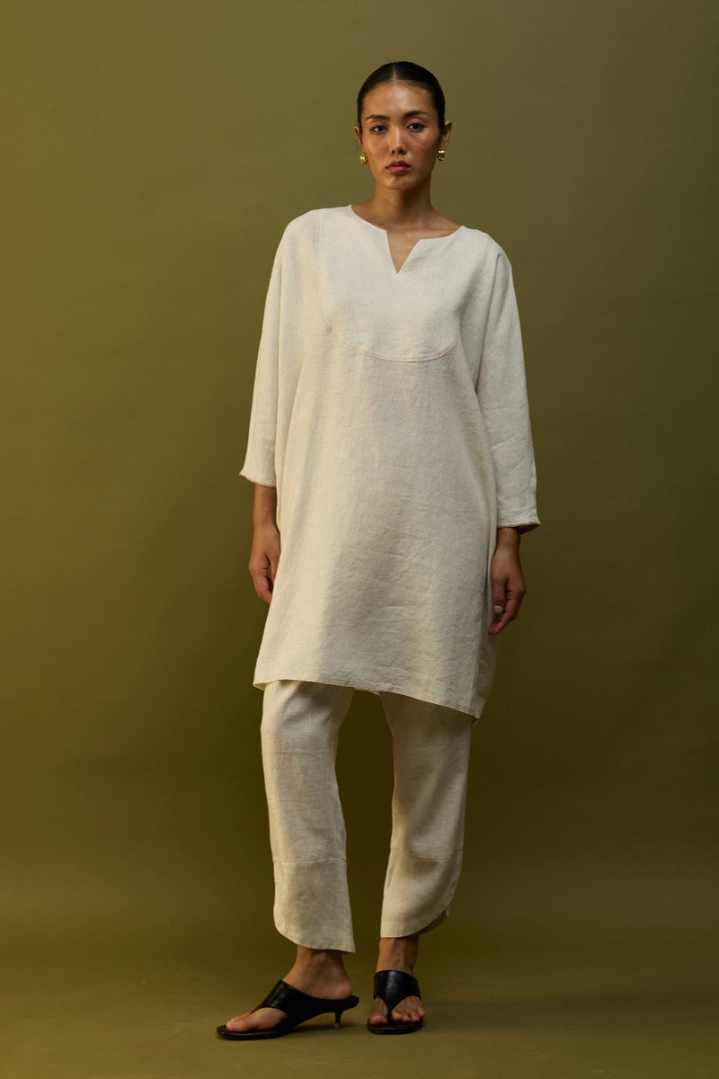 Etsu Yoke Linen Kurta - Off White linen by Manan in ivory color for women in Singapore