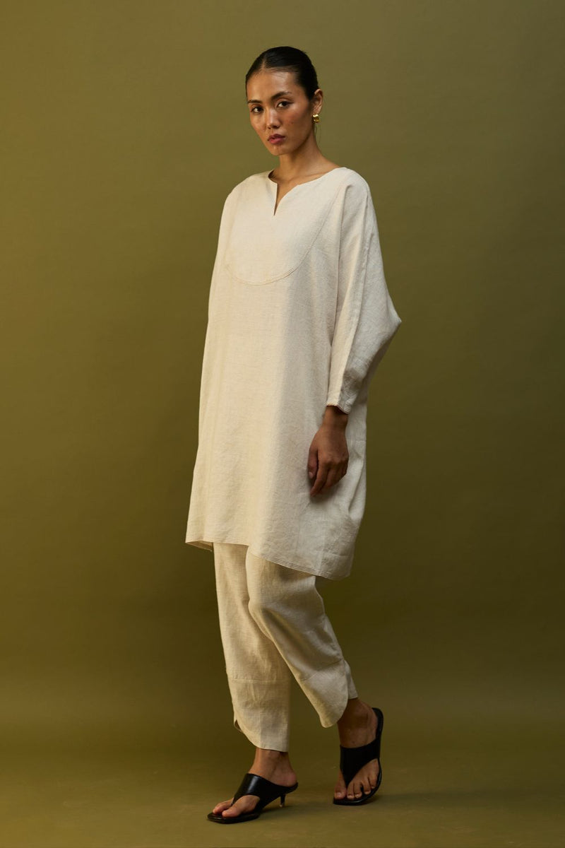 Etsu Yoke Linen Kurta - Off White linen by Manan in ivory color for women in Singapore