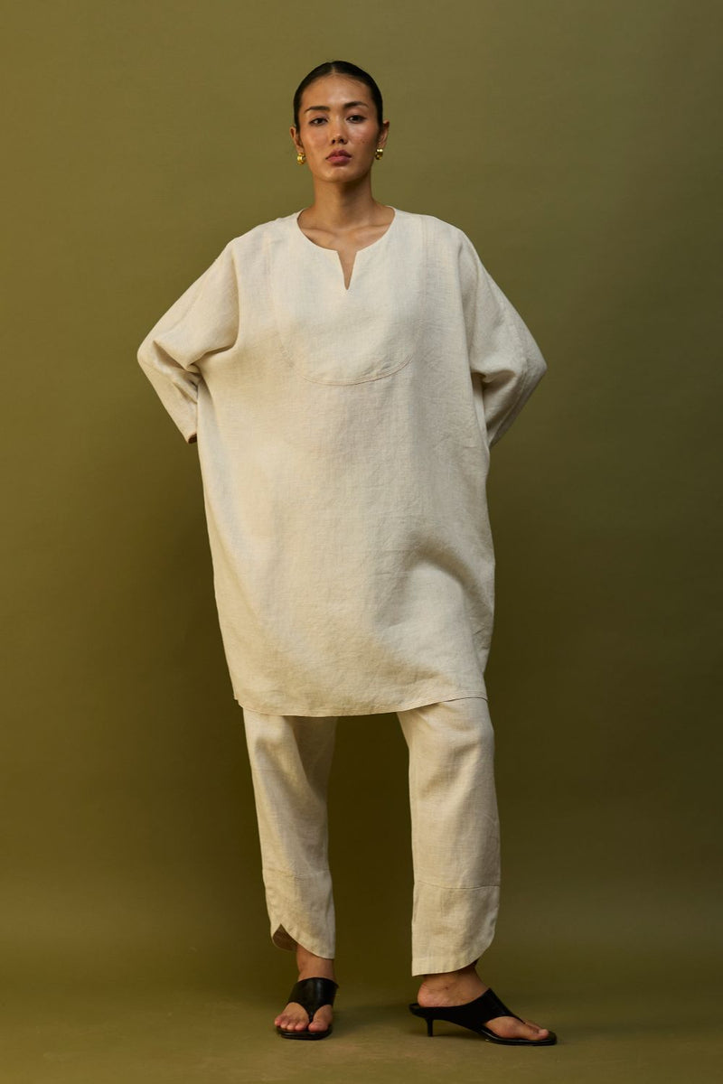 Etsu Yoke Linen Kurta - Off White linen by Manan in ivory color for women in Singapore