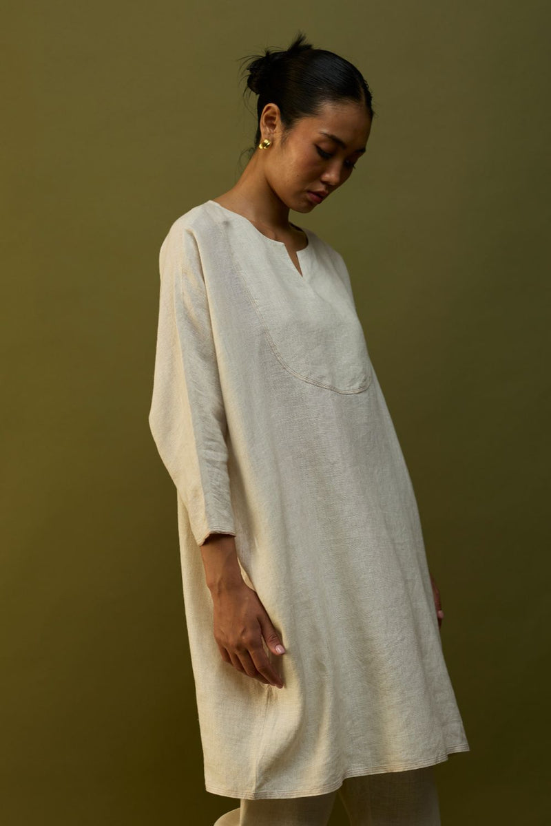 Etsu Yoke Linen Kurta - Off White linen by Manan in ivory color for women in Singapore