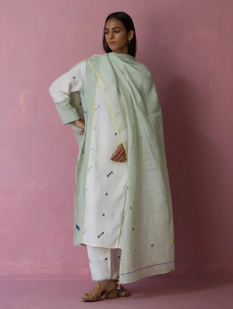 Mila Hand-Embroidered Jamdani Linen Dupatta - Aqua