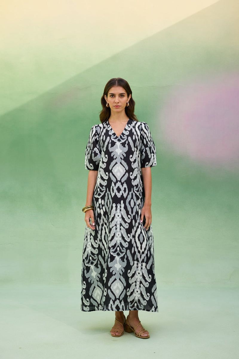 Black Ikat V-Neck Maxi Dress linen dress by World of SiSa in black for women in Singapore
