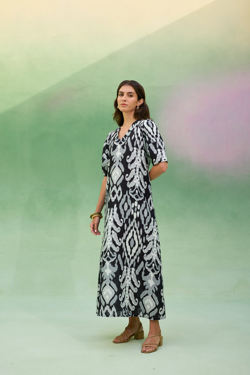 Black Ikat V-Neck Maxi Dress linen dress by World of SiSa in black for women in Singapore
