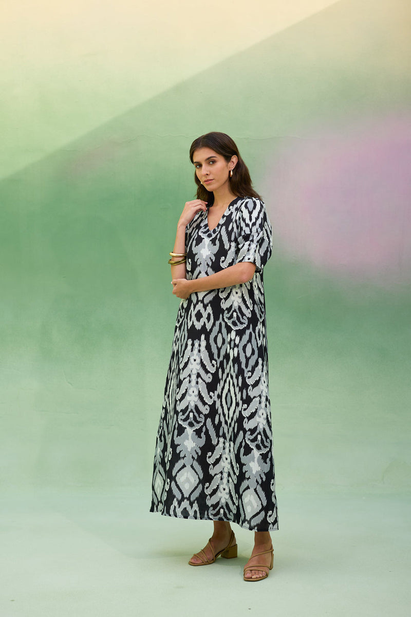 Black Ikat V-Neck Maxi Dress linen dress by World of SiSa in black for women in Singapore