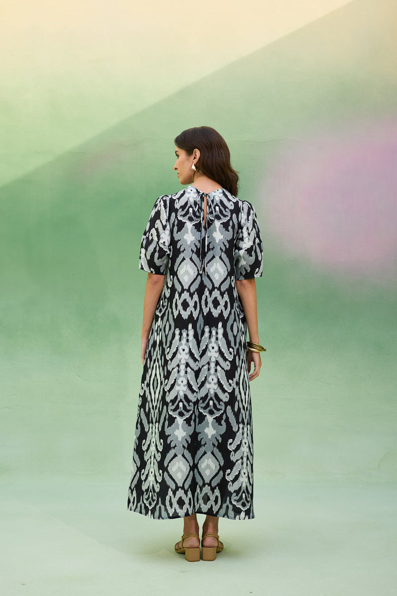 Black Ikat V-Neck Maxi Dress linen dress by World of SiSa in black for women in Singapore