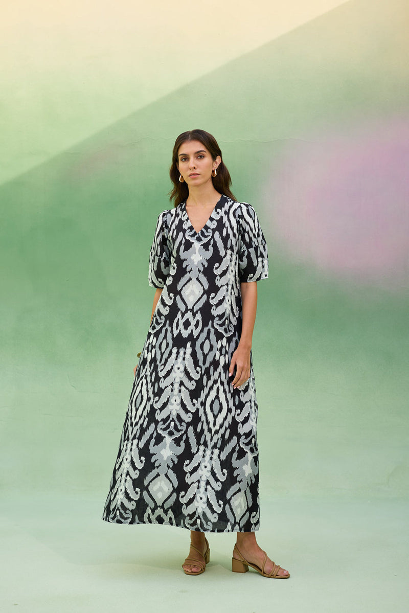 Black Ikat V-Neck Maxi Dress linen dress by World of SiSa in black for women in Singapore