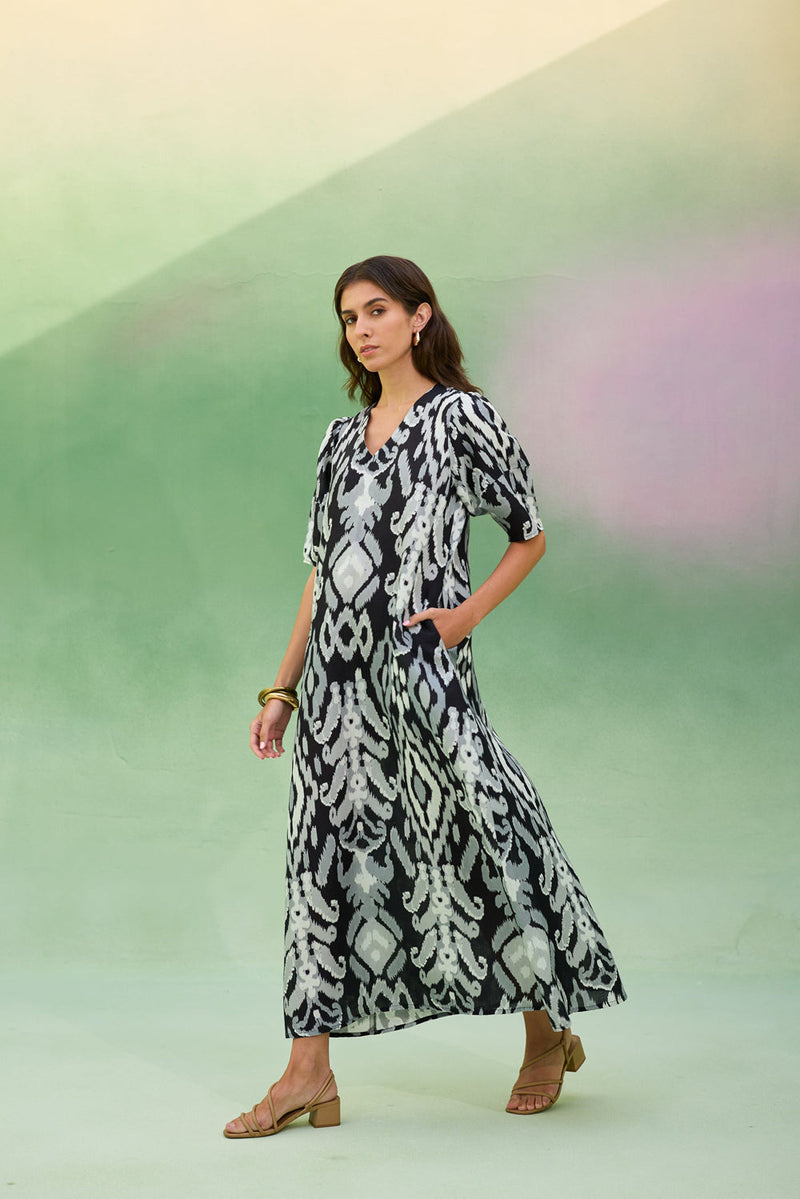 Black Ikat V-Neck Maxi Dress linen dress by World of SiSa in black for women in Singapore