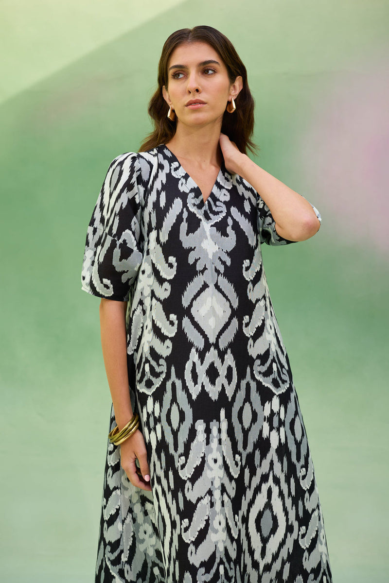 Black Ikat V-Neck Maxi Dress linen dress by World of SiSa in black for women in Singapore