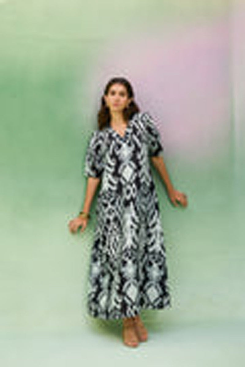 Black Ikat V-Neck Maxi Dress linen dress by World of SiSa in black for women in Singapore