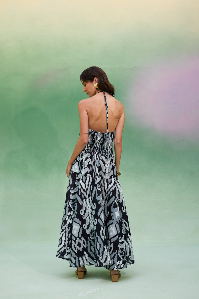 Greyscale Oversized Ikat Halter Neck Maxi Dress linen dress by World of SiSa in grey for women in Singapore