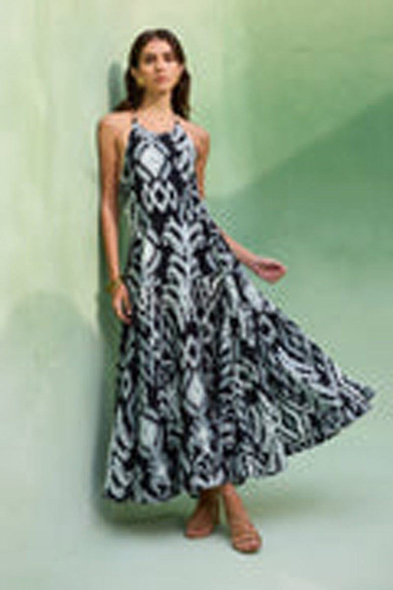 Greyscale Oversized Ikat Halter Neck Maxi Dress linen dress by World of SiSa in grey for women in Singapore